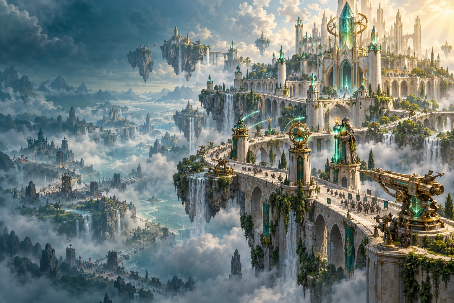 Defensive towers rise over winding roads on a floating island in the shattered world of Elyndra