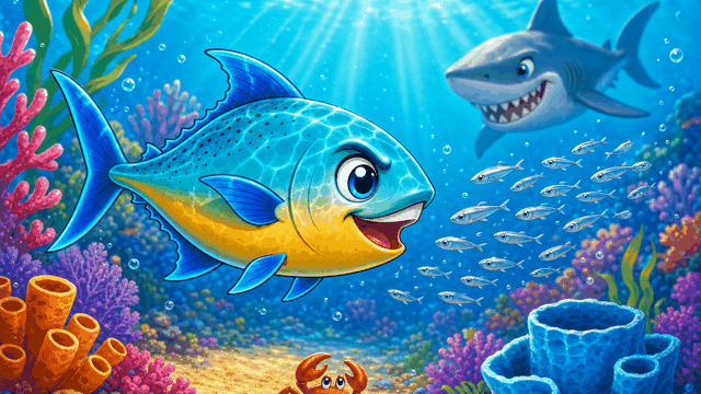 A silver giant trevally lunging through a school of small fish over a vivid coral reef, with the shadow of a shark above
