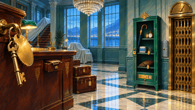 A green wire lost-and-found cabinet in an art deco hotel lobby on its last evening, lit by a brass desk lamp
