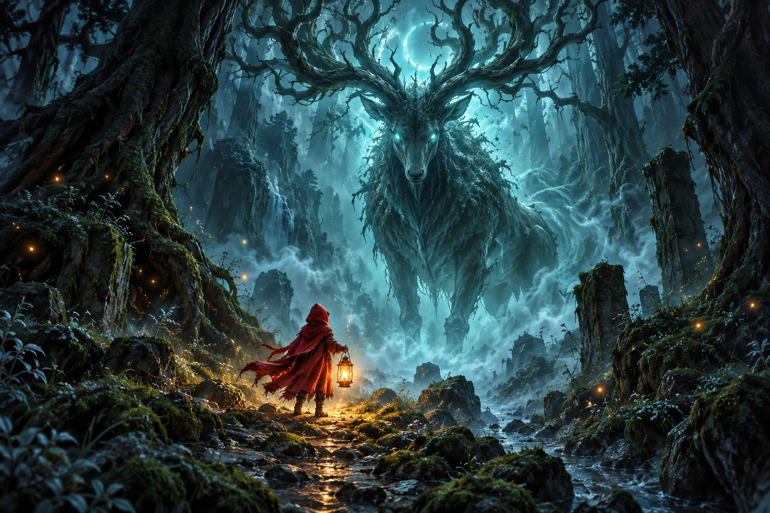A small lantern bearer faces a towering shadow creature in a luminous midnight forest