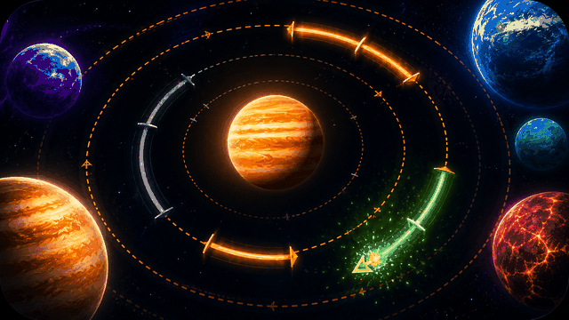 Live mission view: four concentric orbit rings on a dark star chart, three green locked target arcs with checkmark pins, a comet marker entering the glowing amber window and the mission core reading ring 4 of 4