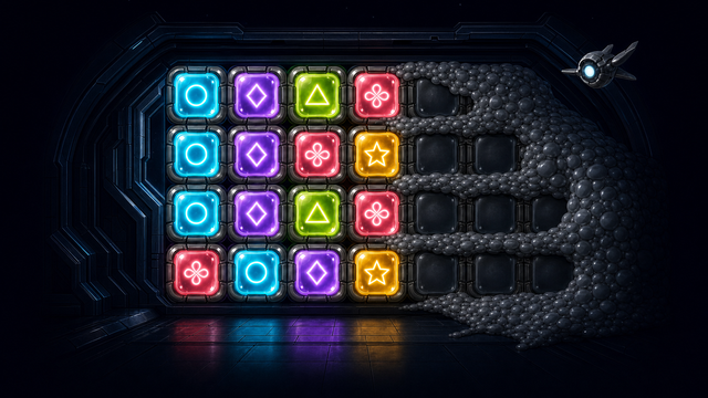 Glowing glass light-cells over a dark lattice, gray nanite plate creeping in from the edge