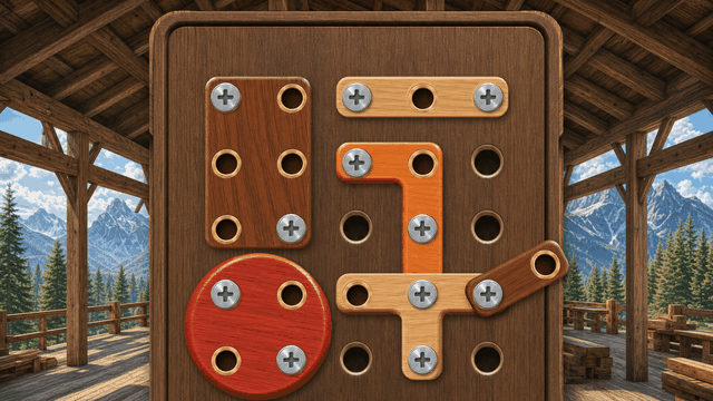 A dark wooden board under a timber roof, mountains behind it; wooden plates in oak, honey, walnut and cherry held by chrome screws, one small plate swinging on its last screw